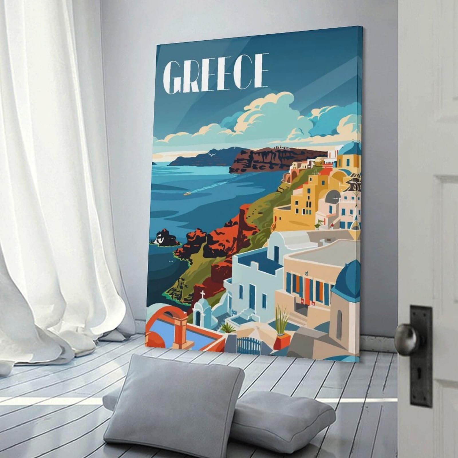 Junmoney Wall Picture Print Grecian Coastline, 24x36inch(60x90cm), for Living Room, Bedroom Or Apartment Walls, A Home Accent with Warm Character