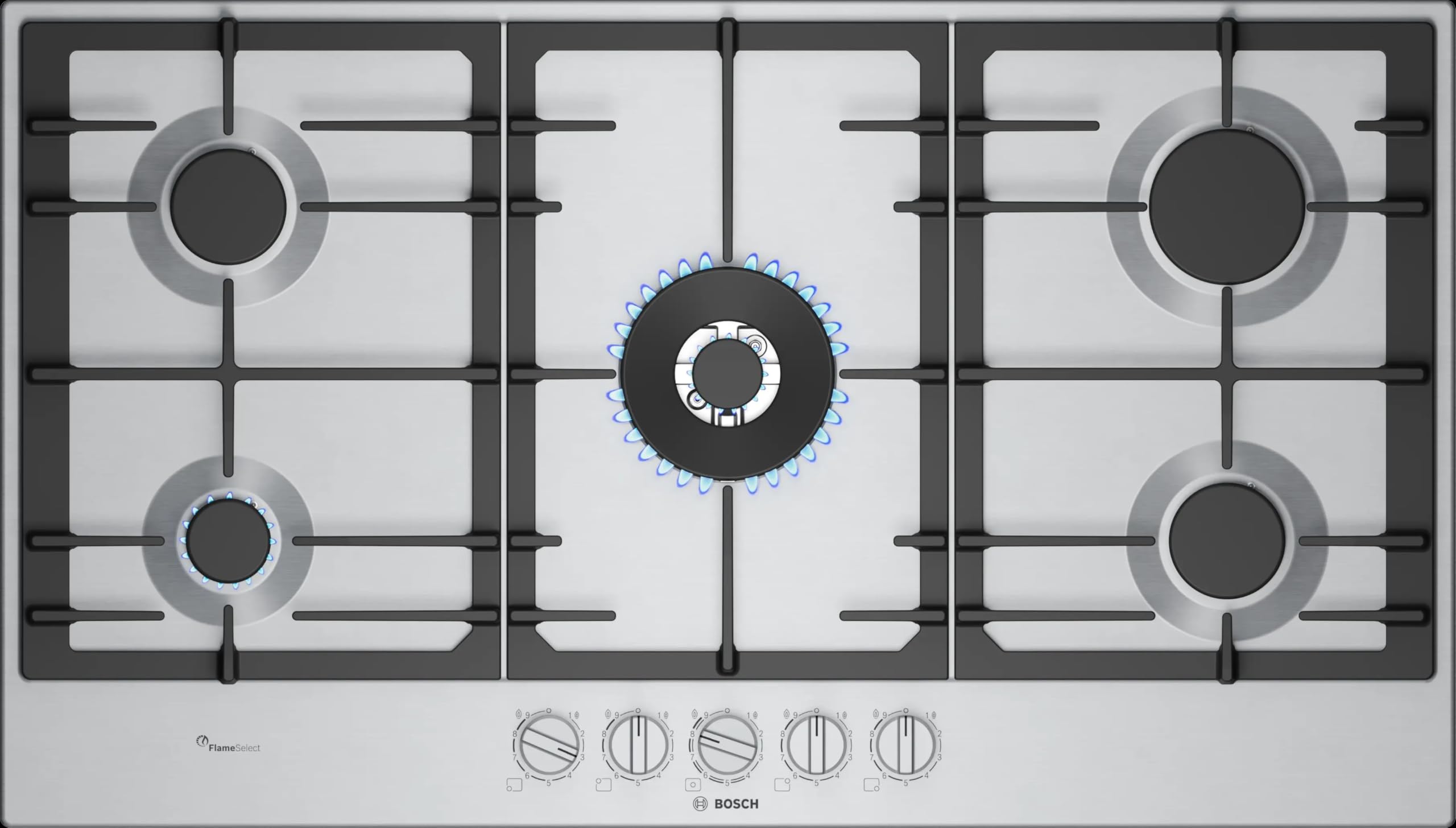 Plaque de cuisson à gaz Bosch PCR9A5I90 avec FlameSelect et poignées amovibles