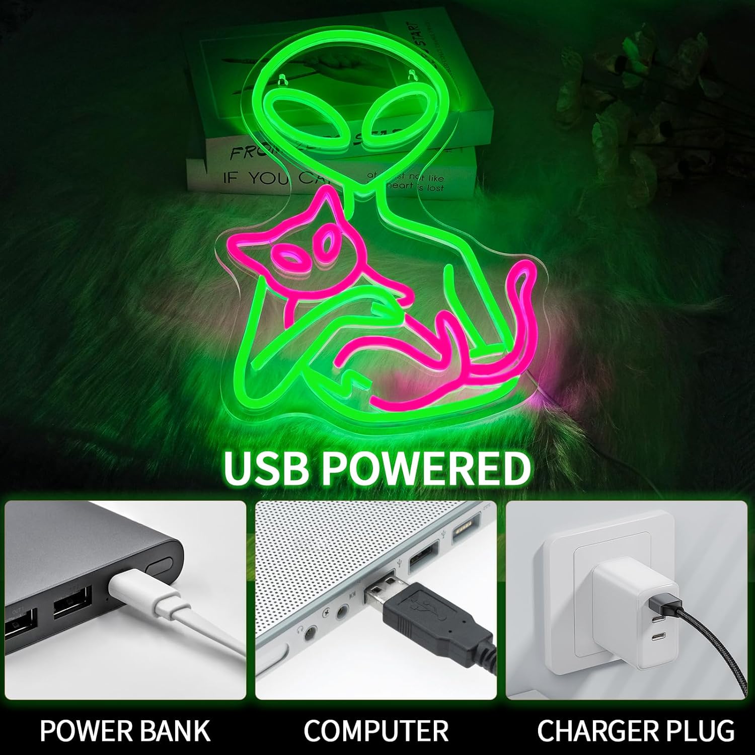 Alien Neon Sign for Wall Decor Dimmable Aliens Cat Led Lights Signs for Bedroom Green Neon Light for Game Room Man Cave Bedroom Party Decoration Gift for Kids Boys - Image 5