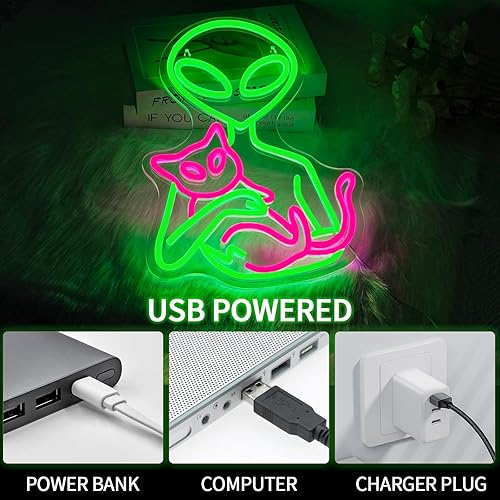 Miniatura 5 de Letrero de neón de alienígena para decoración de pared, regulable, luces LED de gato para dormitorio, luz de neón verde para sala de juegos, cueva