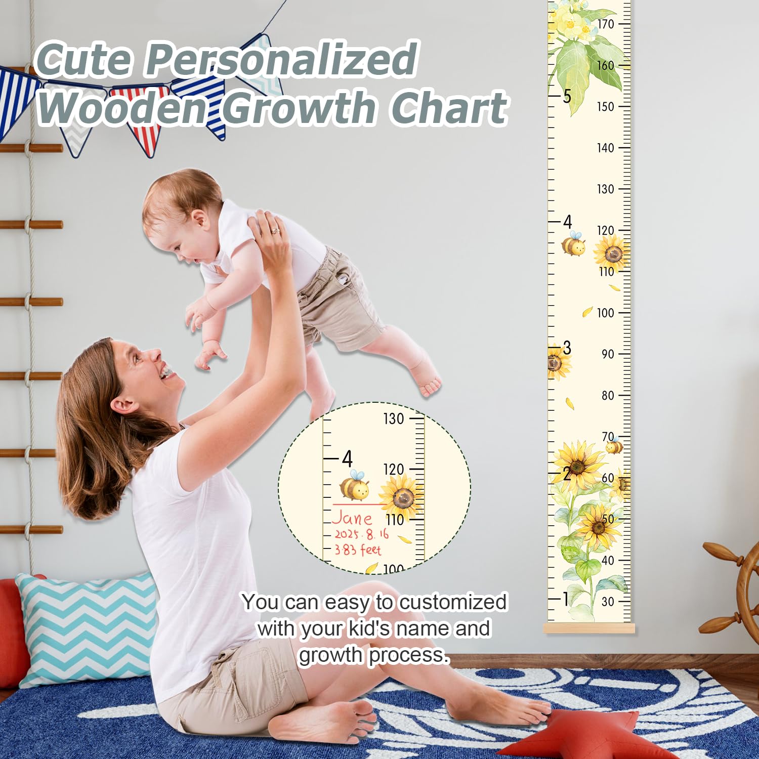 Growth Chart for Wall - 7.9x79 Inch Height Measurement Ruler with Wooden Rainbow Hook, Waterproof Canvas Nursery Decor, Removable Neutral Kids Height Chart for Baby Toddlers
