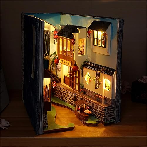 Miniatura 6 de Flever Kit miniatura de rincón de libro para casa de muñecas, decoración de estantería de estilo chino, rompecabezas de madera 3D, kit en miniatura