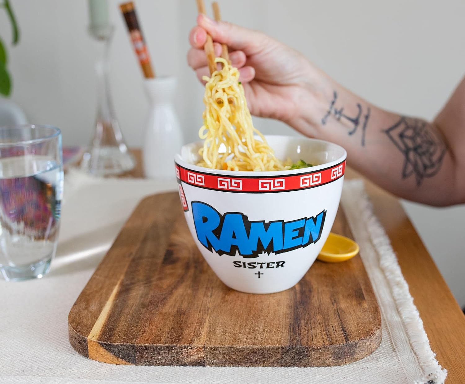 Boom Trendz Bowl Bop Ramen Sister Nun Japanese Ceramic Dinnerware Set | Includes 16-Ounce Noodle and Wooden Chopsticks Asian Food Dish For Home & Kitchen Funny Religious Gift, Snack Collectible, Red