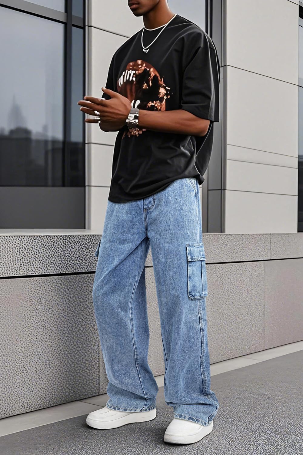 Mens Baggy Jeans Elastic Waisted Denim Pants for Men with Drawstring Streetwear - Image 5