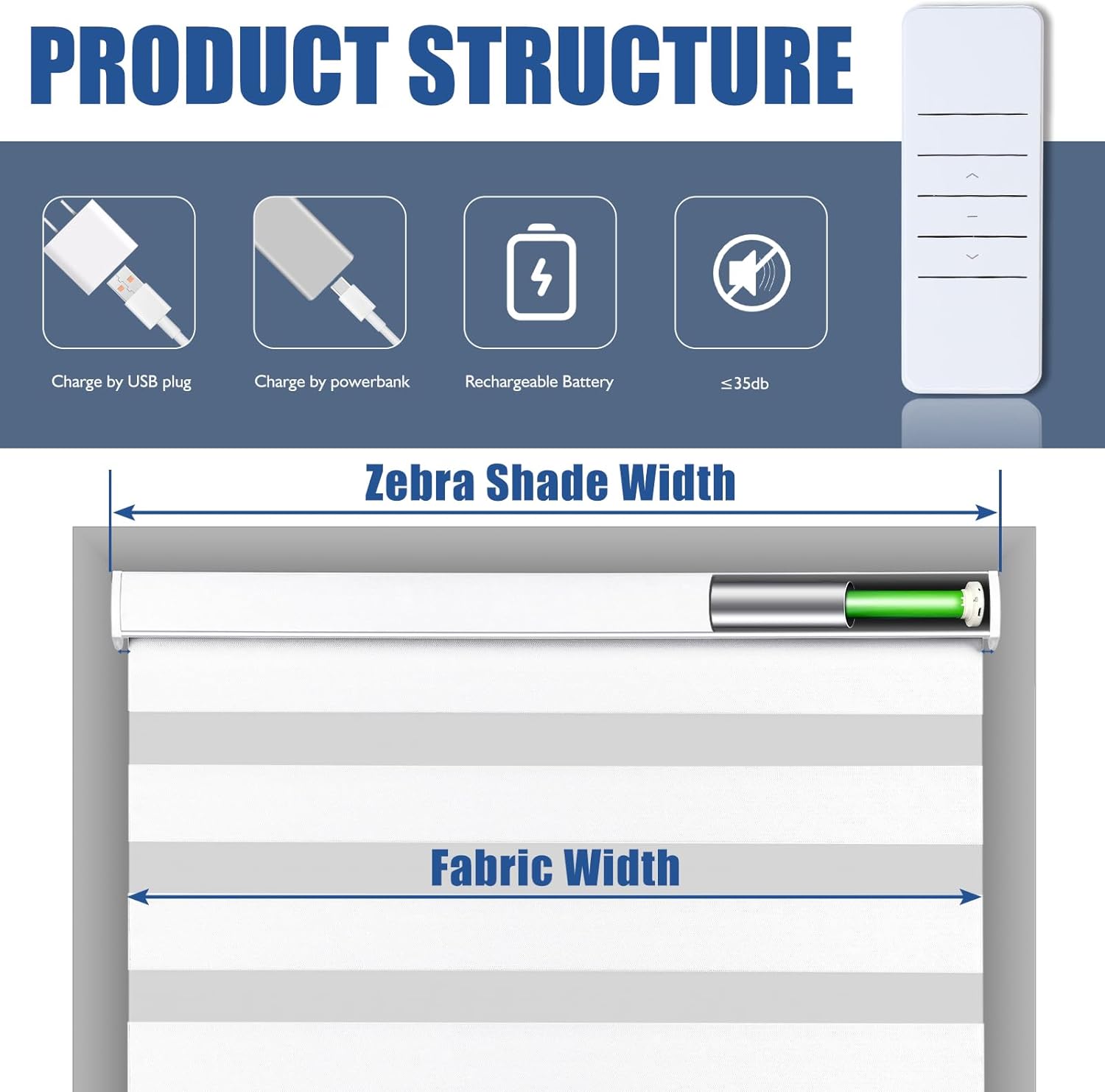 Motorized Zebra Blinds for Windows Cordless Blackout, Custom Blinds Smart Remote Control Day and Night Horizontal Zebra Shades, Room Darkening Blinds (White)