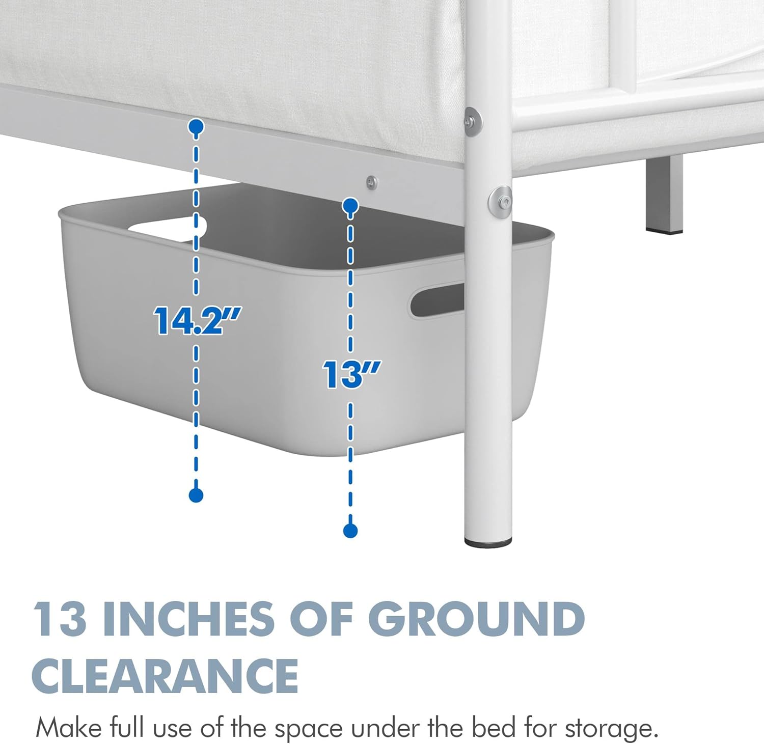 Close-up of 13 inches of ground clearance under the bed frame with a storage bin