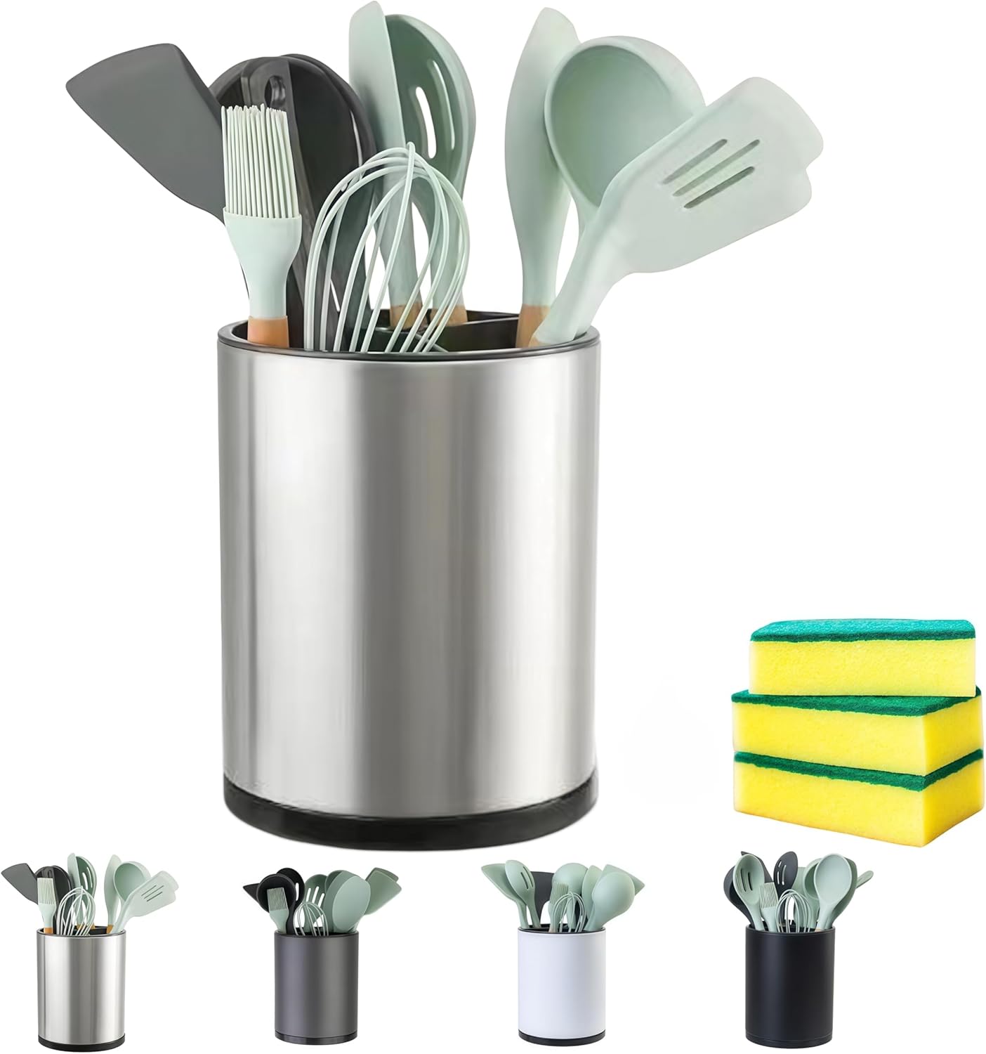 LIBODOUR Utensil Holder,4-in-1 Large Kitchen Utensil Holder For Counter,Rotating Silverware Organizer Cooking Flatware Spoon Spatula Tool Cutlery Container Stainless Steel Caddy