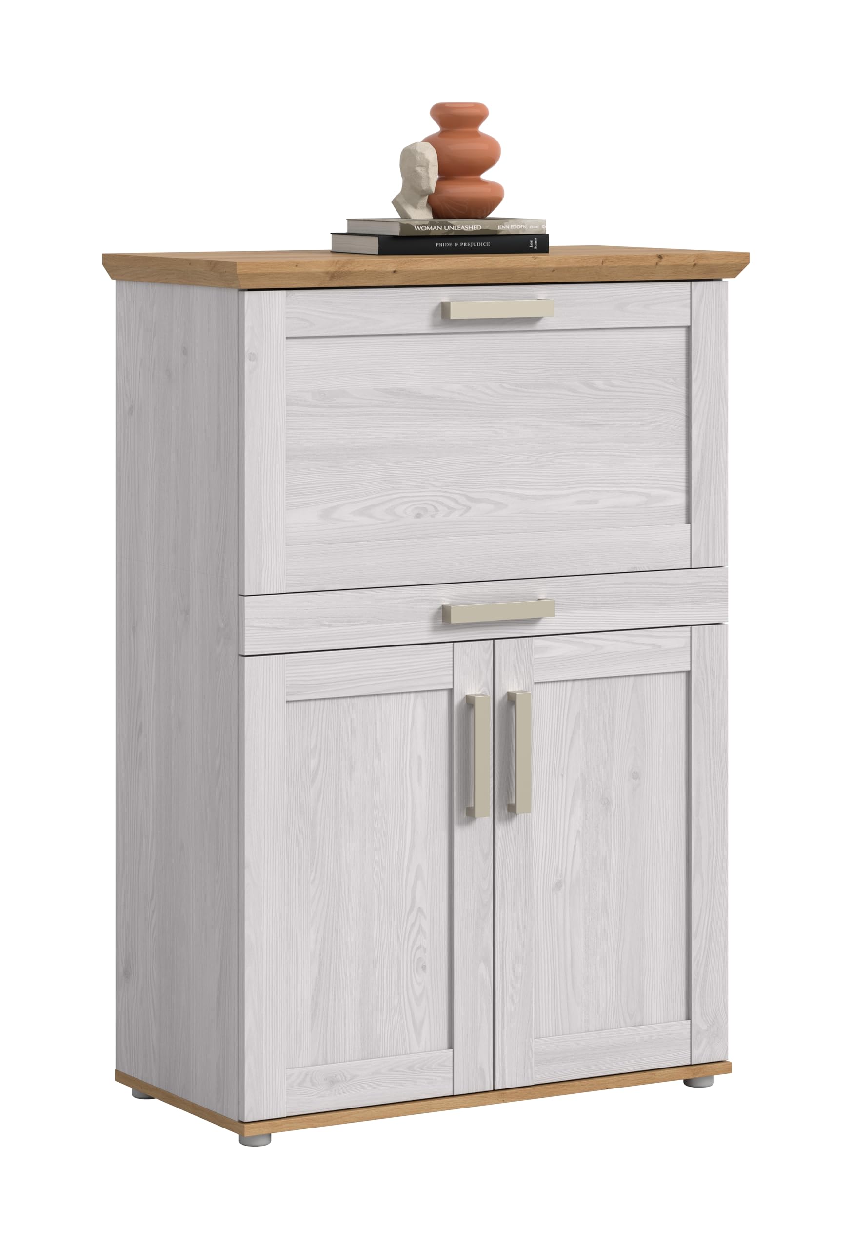 xonox.home – Sekretär Verona 84x122x42 cm in Sibiu Lärche & Artisan Eiche Nachbildung – Kompakter Arbeitsplatz mit 1 Klappe & 2 Türen – 5 Fächer bieten idealen Stauraum für Schreibutensilien & Post