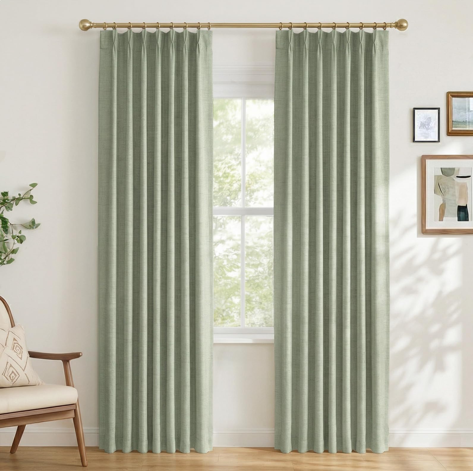 Photo 1 of 100% Blackout Shield Linen Look Textured Pinch Pleated Curtains Blackout Drapes 96 Inch Long 2 Panels Set, Faux Linen Blackout Curtains for Bedroom & Living Room, 40" W x 96" L, Sage Green