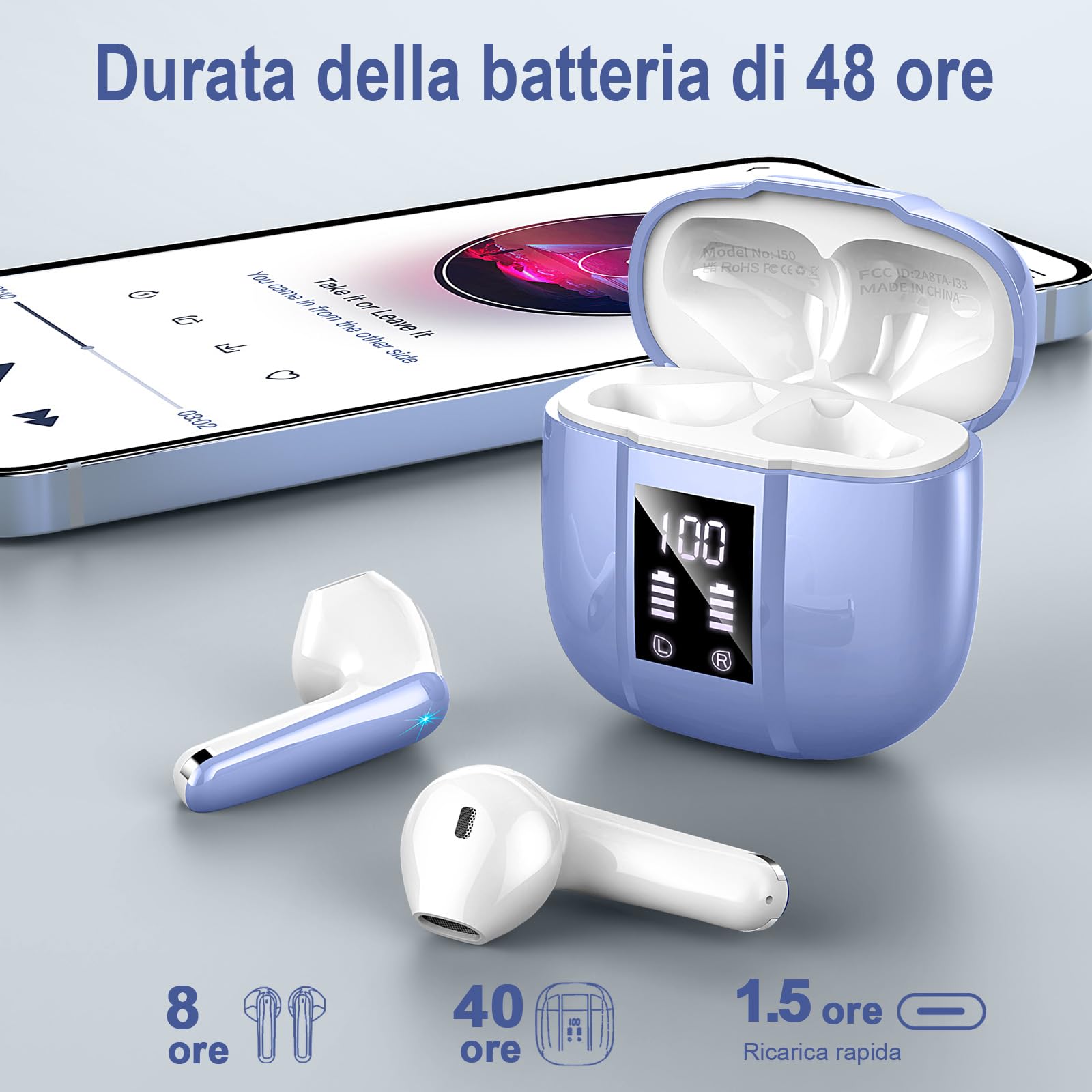 Renimer Cuffie Bluetooth, senza fili, Bluetooth 5.3, auricolari in-ear Bluetooth, IP7, impermeabili, senza fili, con microfono, 48 ore, con display digitale a LED