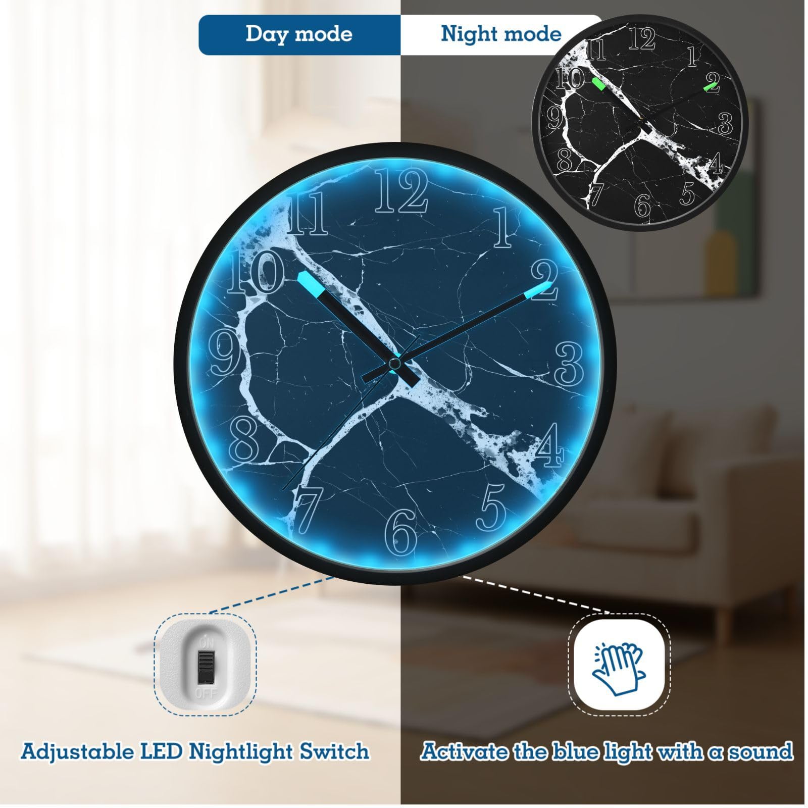 Mnsruu Reloj de pared luminoso con patrón de mármol negro y blanco, reloj de pared que brilla en la oscuridad, funciona con pilas, reloj de luz nocturna silencioso sin tictac para dormitorio