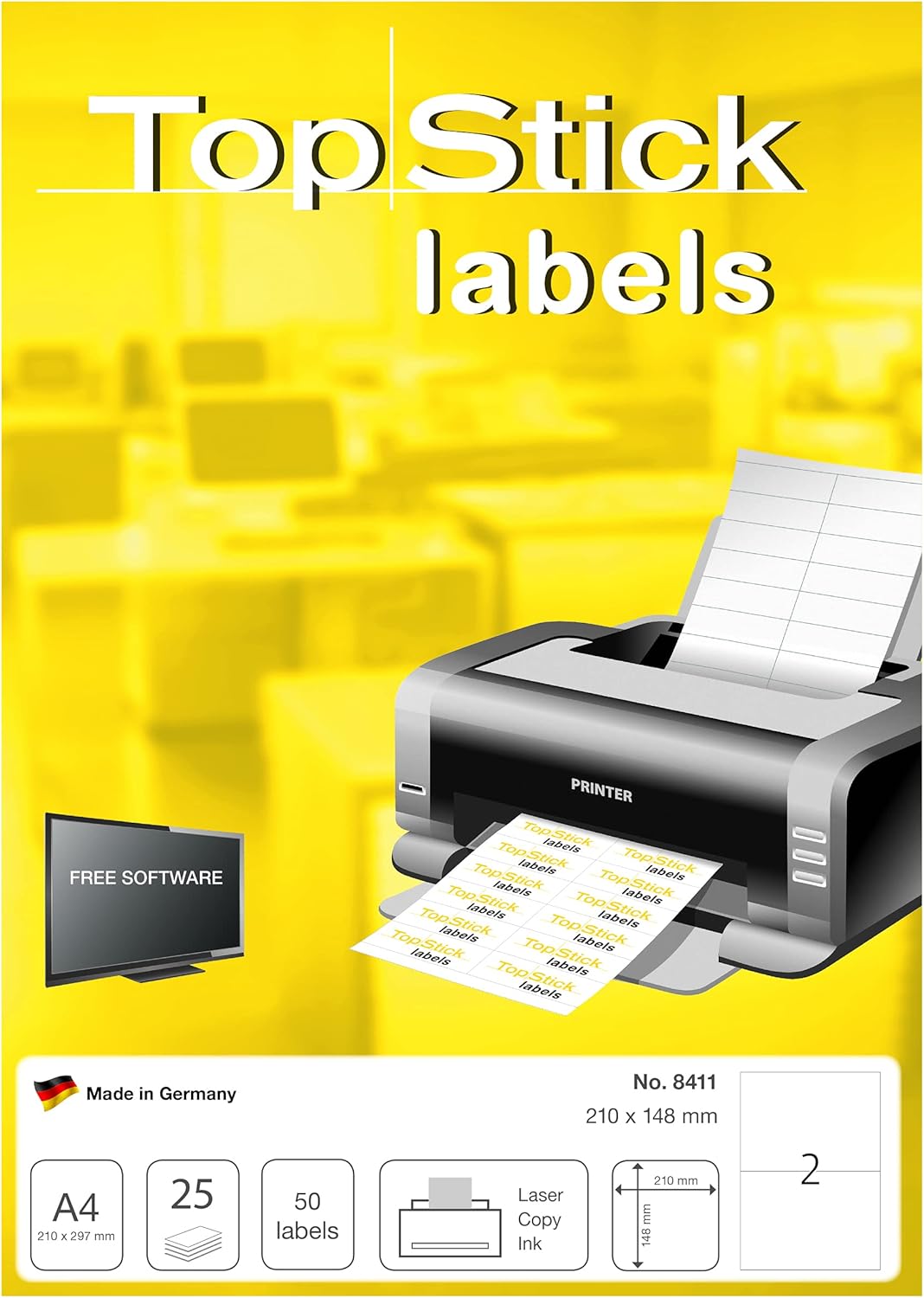 TopStick 8411 Self Adhesive Multipurpose Labels, 2 Labels per A4 Sheet, 25 Sheets, 210 x 148 mm, 25 Labels, Blank Universal Labels Stickers, Sticky Labels for Laser & Inkjet Printer, White