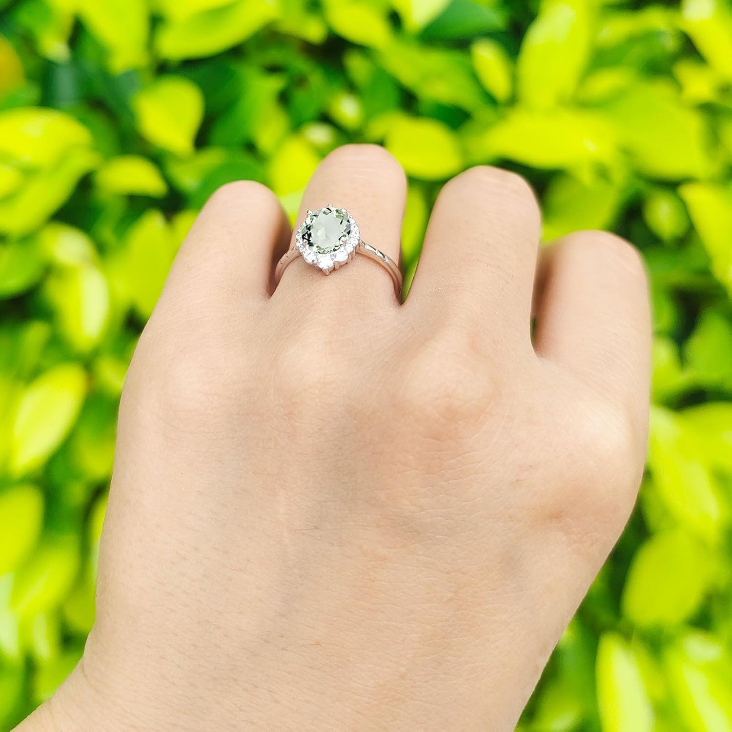 OMRANII Three Stone Ring Oval Natural Green Amethyst Prasiolite Solitaire Cubic Zirconia Classic Style Wedding Engagement Rings For Women 925 Sterling Silver Gifts For Her