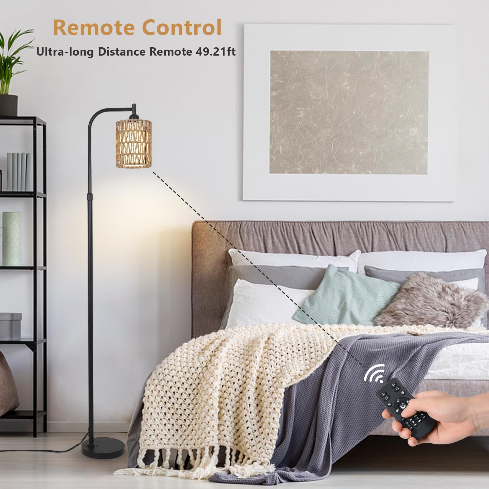 Rayofly Lámpara de Pie Ajustable Salón, Lámpara de Pie de Ratán con Mando a Distancia, App Control, Lámpara de Pie Boho con Pantalla de Ratán y Lino, Lámpara de Pie para Dormitorio, Altura Ajustable