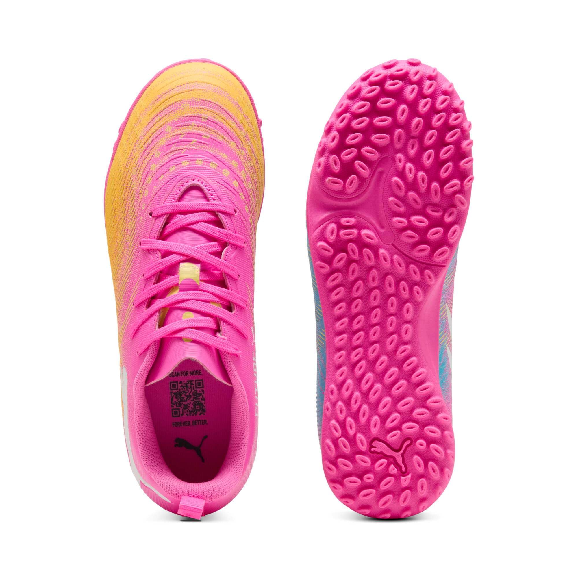 PUMA Future 9 Play TT JR - Tenis de fútbol, Color Rosa venenoso, Color Rosa y Blanco Aguamarina Brillante, Talla 1 de Reino Unido, Poison Pink Sun Stream Bright Aqua Puma White, 33 EU