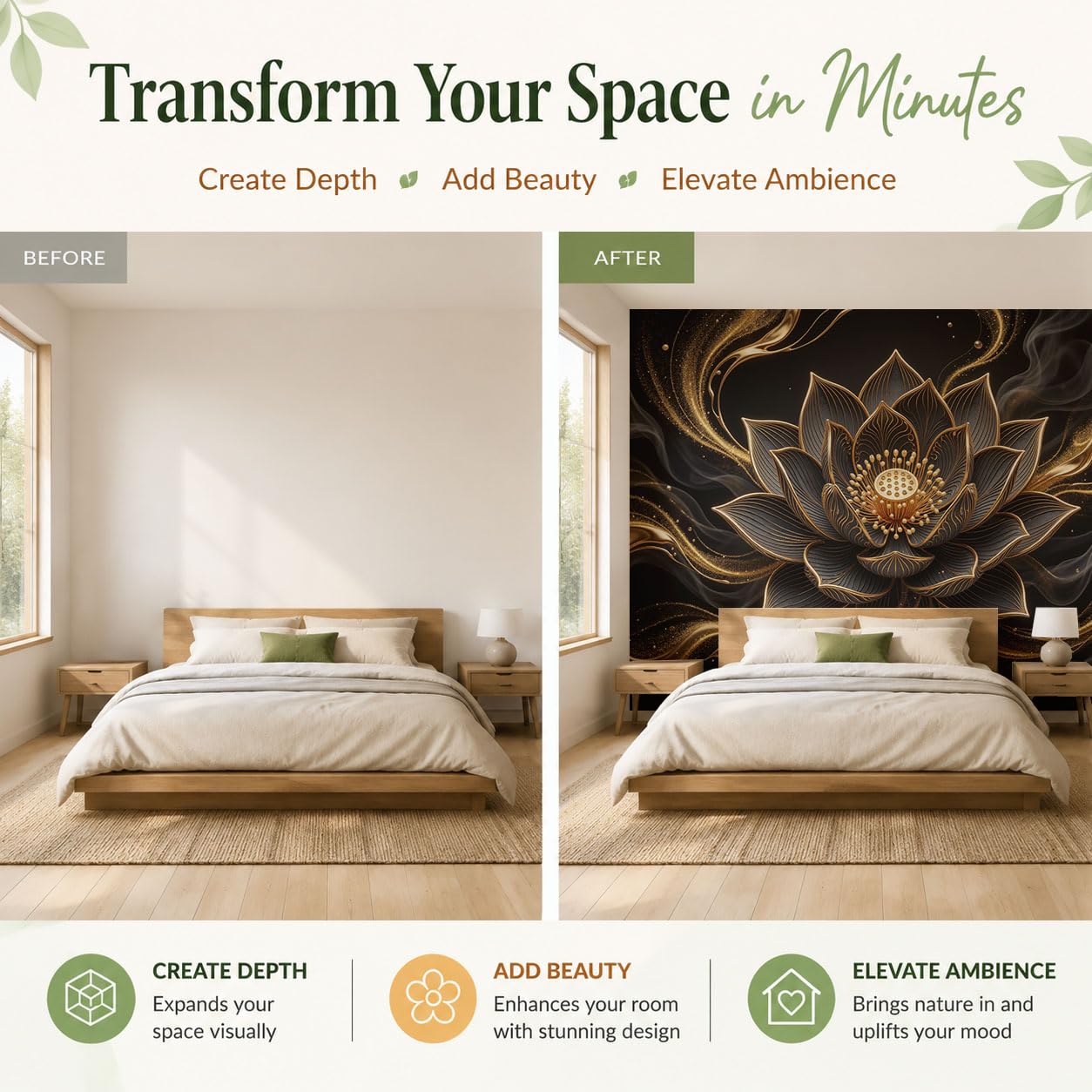 Papier Peint Panoramique 350X256Cm Relief De Lotus Doré En 3D | Noir Papier Peint Intissé Tapisserie Poster Décoration Murale Pour Salon Chambre - Plante De Luxe Ciel Étoilé