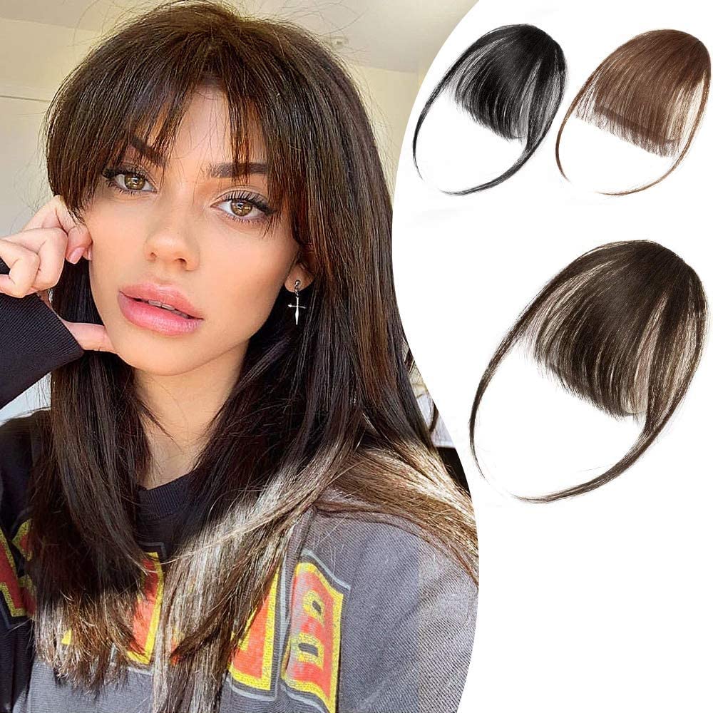 Flequillo para el cabello con clip, extensiones de cabello para mujer, flequillo plano y ordenado, extensión de cabello para uso diario (flequillo sabroso, negro y marrón 4#)