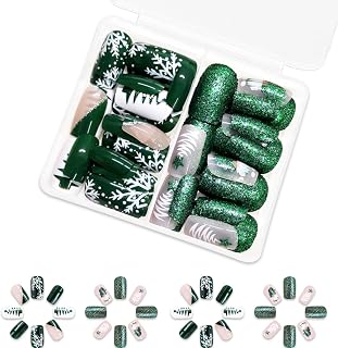 48 uñas postizas cuadradas cortas a presión, color verde, para Navidad, con diseños de copos de nieve