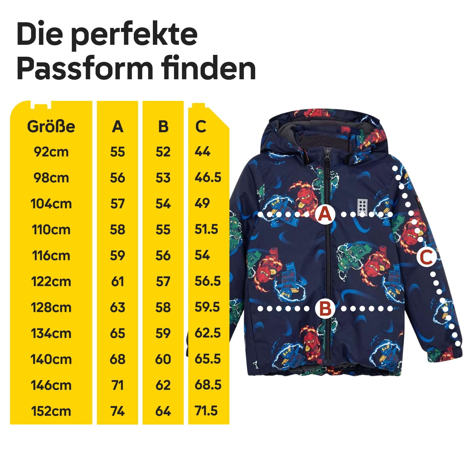 Kabooki LEGO® NINJAGO® Winterjacke für Jungen - Winddichte & Wasserabweisende (3.000 mm) Jacke mit All-Over Print | Abnehmbare Kapuze, Fleece-Futter & 3M Reflektoren