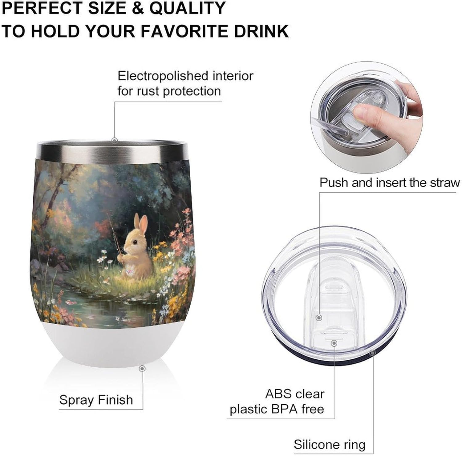 Bunny Rabbit Fishing by River Insulated Drinking Cup Stainless Steel Coffee Mug Wine Tumbler with Lid 12OZ