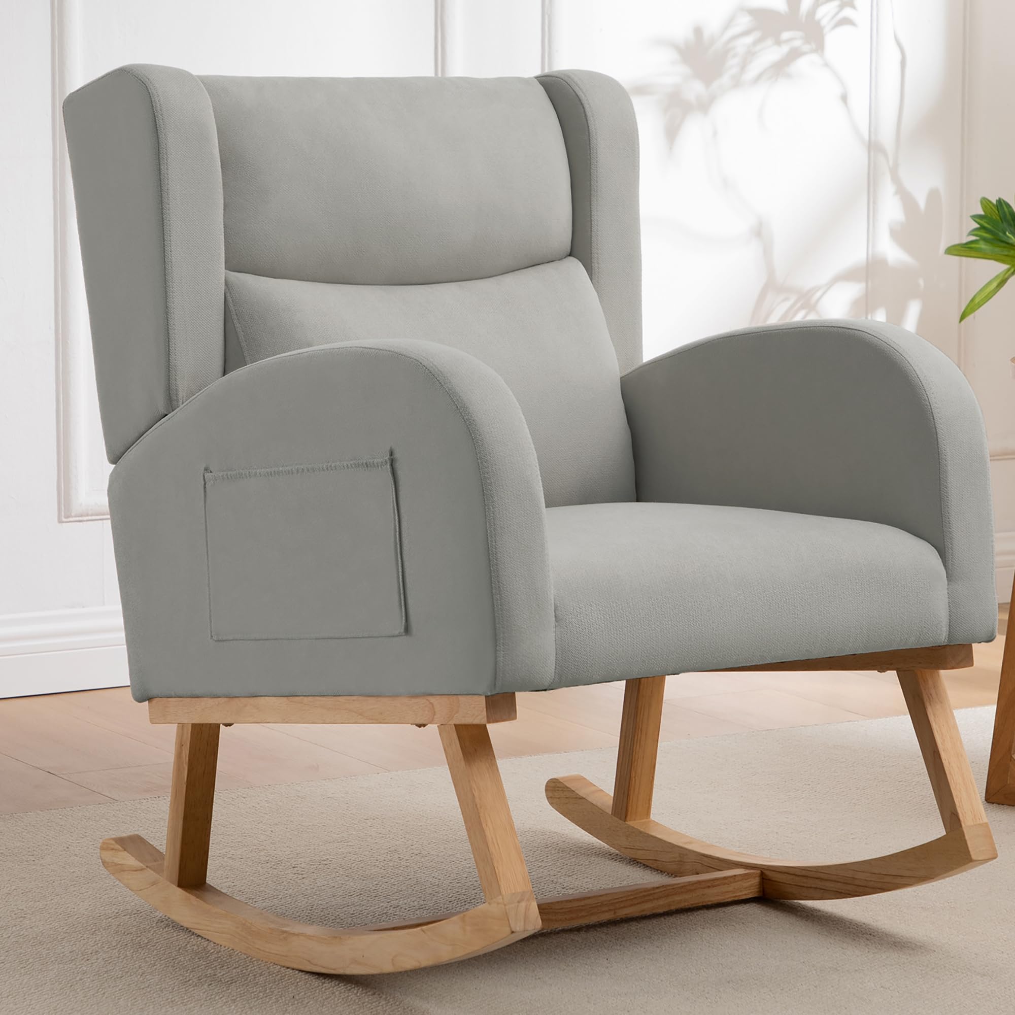 Nursery Rocking Chairs, Upholstered Rocking Chairs Glider Rocker for Living Room,Bedroom, Comfy Linen Glider Rocker Nursing Chair Wingback with Side