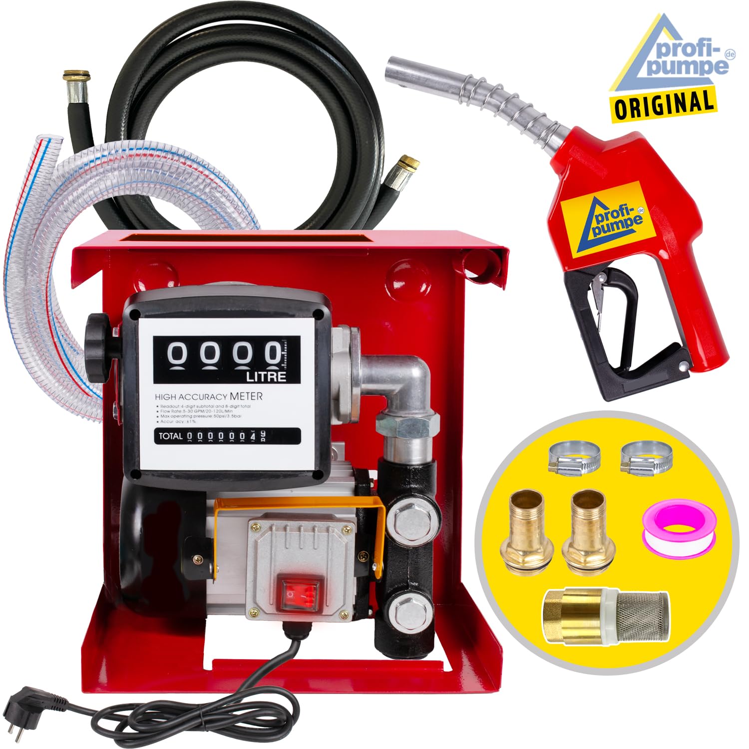 Profi-Pumpe® Kit Bomba de Gasoil 230V Diesel EXELENZ-2 | Caudal 60L/min (3600 l/h) | Motor 550W Potente y Autocebante | Set Completo con Pistola Automática, Contador Digital y Mangueras