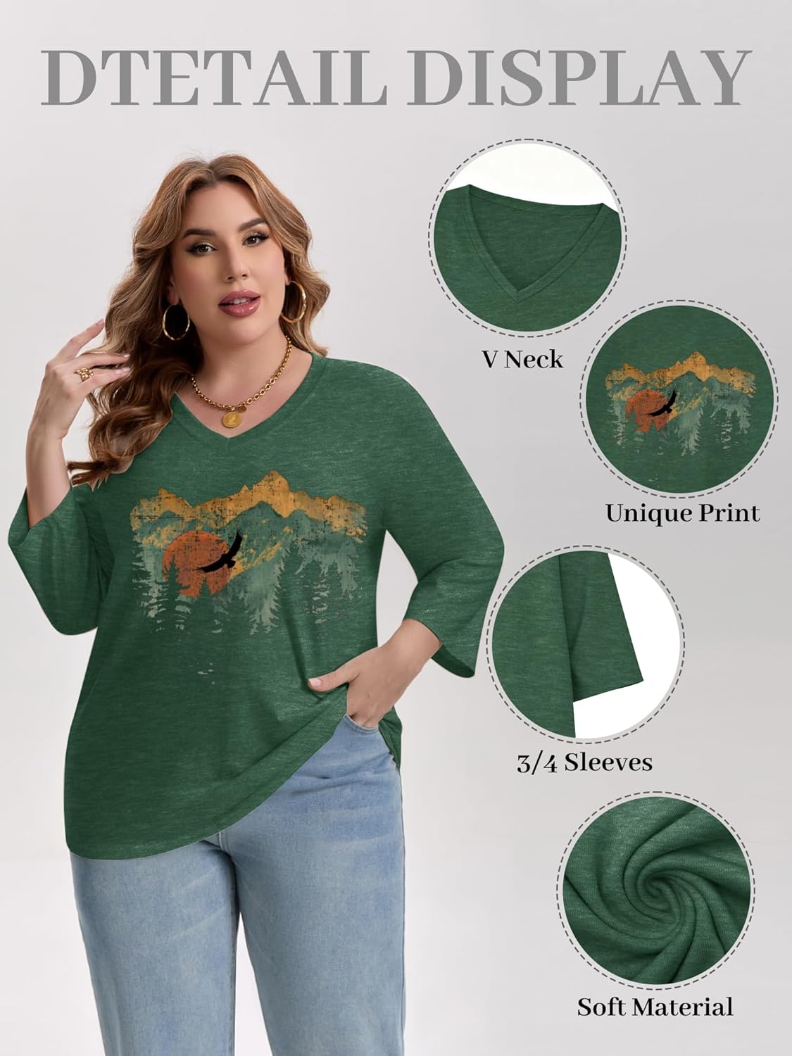 Chulianyouhuo Women Plus Size Shirts 3/4 Sleeve V Neck Graphic Tee Tops Summer Casual Loose Fit Tshirts Trendy Tunic Clothing - Image 6