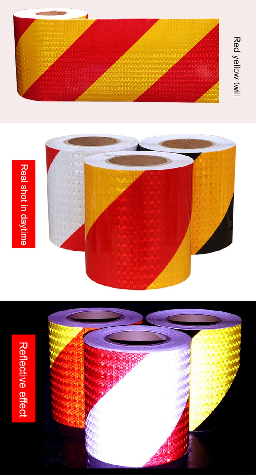 Cinta de señalización de peligro, Cinta Reflectante Multicolor 15cm x 3-50m(Red Yellow,50m)