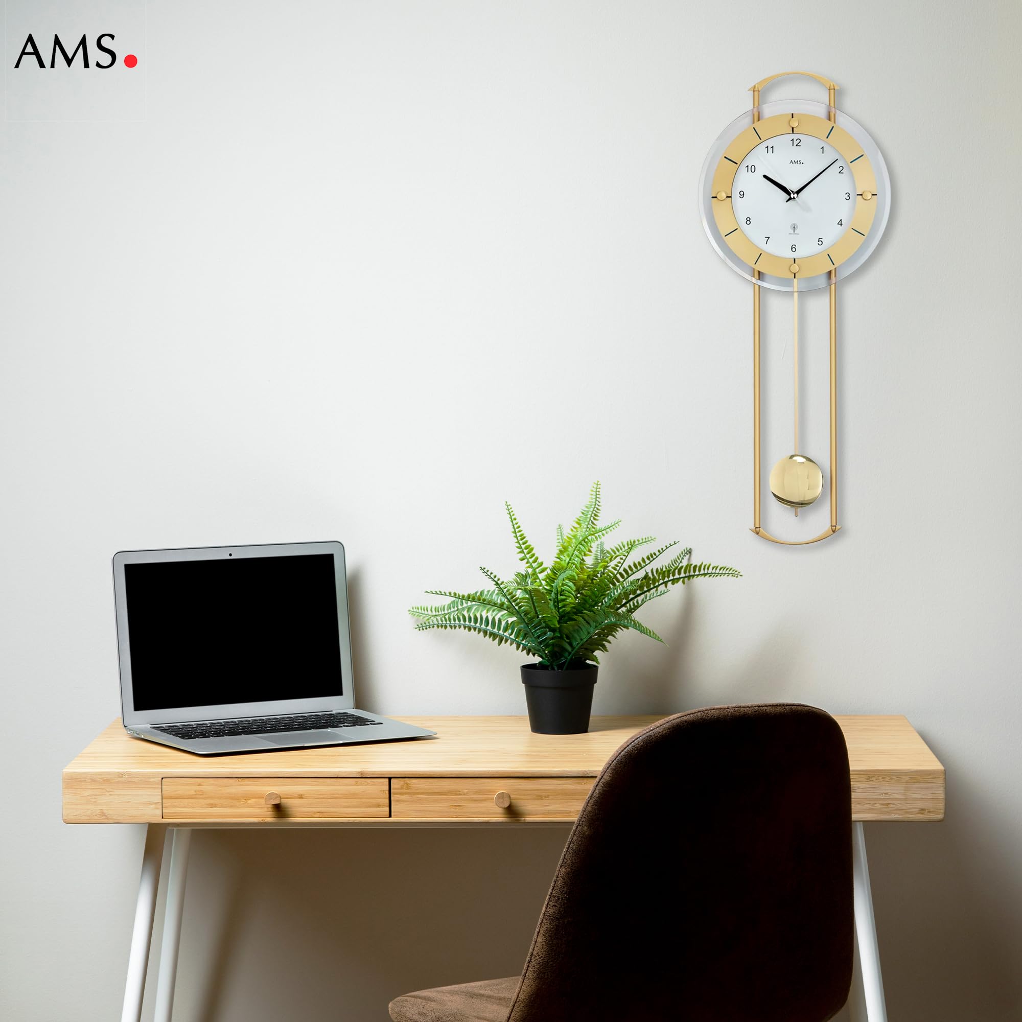 AMS 5255 Wanduhr - mit Funkpendelwerk, Elegante Funkpendeluhr, Uhr mit Pendel, Funkwanduhr mit arabischen Ziffern, Facettiertes Mineralglas, Pendeluhr für Wohnzimmer & Büro, Maße: 24 x 60 x 6 cm