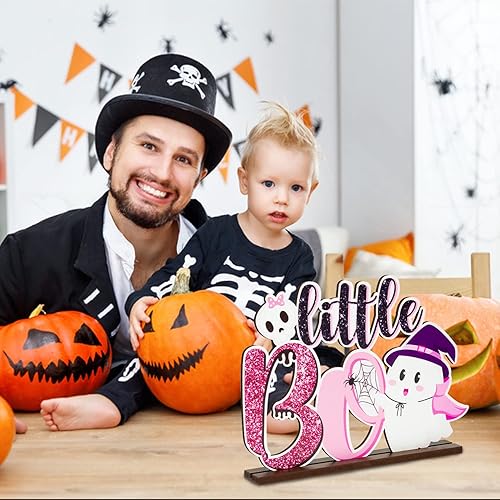 Miniatura 5 de Little Boo - Centro de mesa de madera, 1 letrero de madera rosa y negra con purpurina de Halloween para niños, cumpleaños, baby shower, revelación