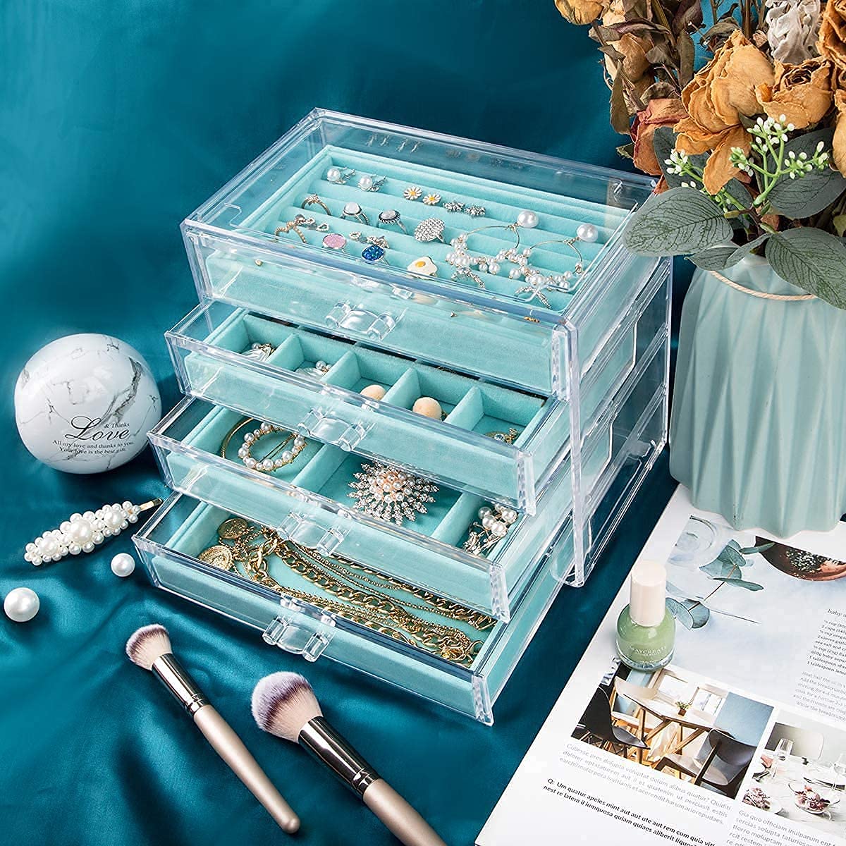 Acrylic with 4 Drawers Velvet Jewellery Storage Box Transparent Jewellery Storage Box for Women (Grey) (Gray) (White) (Blue)