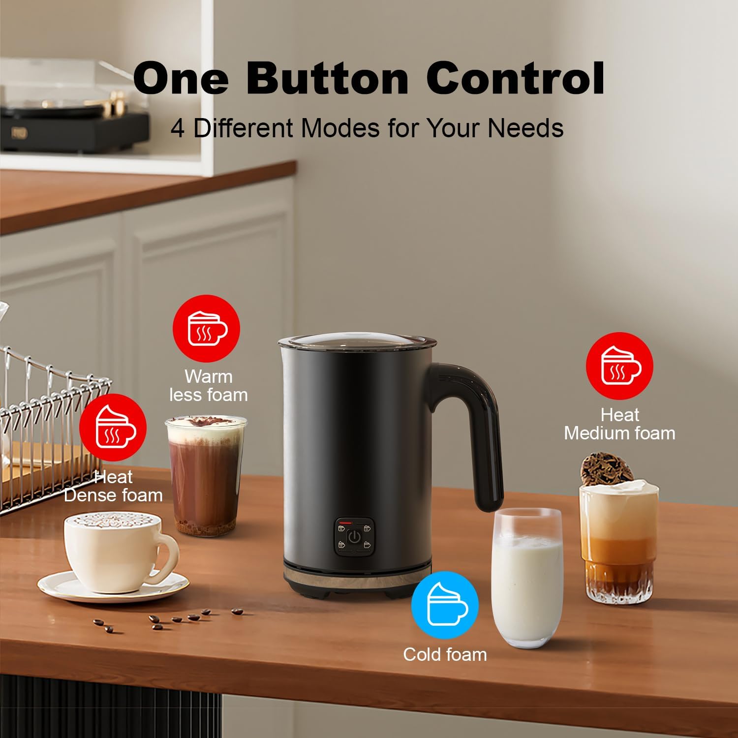 Electric Milk Frother, 4-in-1 Electric Milk Steamer,10 oz/300 ML Automatic Cold And Warm Foam Maker For Coffee,Latte,Cappuccino,Macciato, Hot chocolate,Non-Stick Coating,Easy Clean,Black