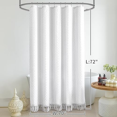 Miniatura 8 de NotinFang Juego de cortinas de ducha bohemias blancas para baño, 70 x 72 pulgadas, cortinas de ducha con borlas copetudas con ganchos, cortinas de