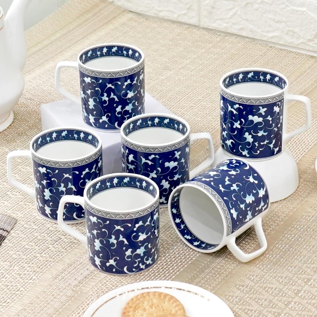 Femora Cobalt Blue & Light Blue Floral Tea Cup - Vintage-Style Ceramic Coffee Mug with Intricate Flower and Vine Pattern, Set of 6 | 200 Ml-image-22