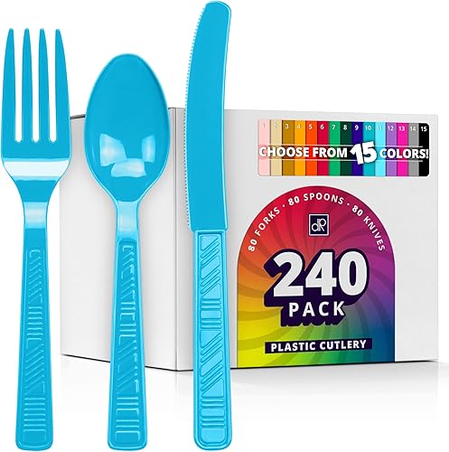 Miniatura 18 de DecorRack Juego de cubiertos de plástico de color amarillo para fiestas, 240 piezas a granel de utensilios resistentes (amarillo, 240 piezas)