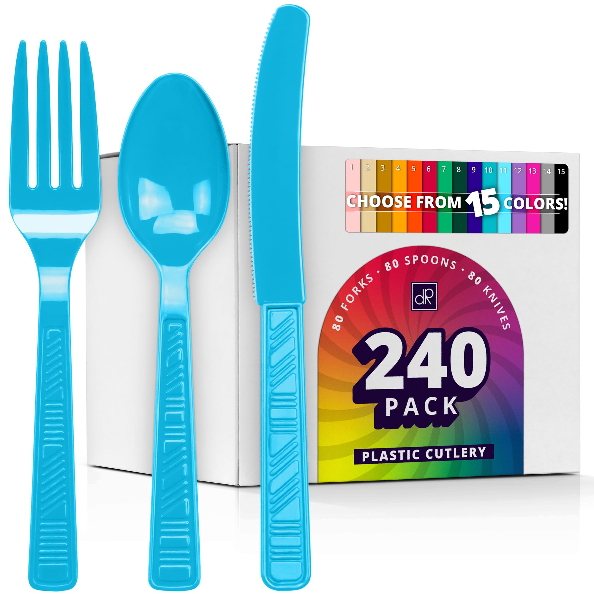 DecorRack Plastic Cutlery Set, Turquoise Colored Plastic Silverware Sets for Parties, 240 Piece Bulk Heavy Duty Utensils (Turquoise, 240 Pieces)