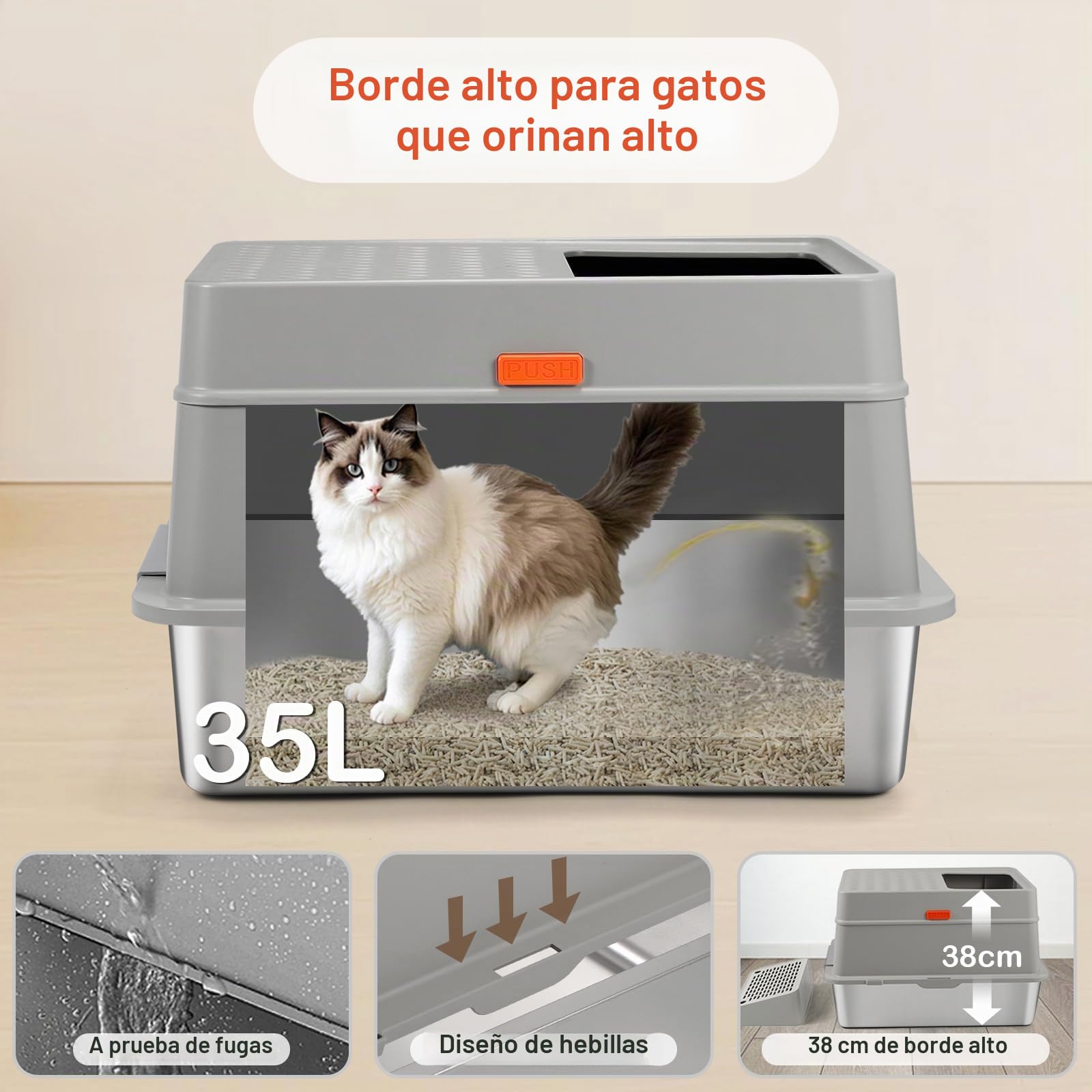Caja de Arena para Gatos XXL de Acero Inoxidable con Tapa, 3 in 1 Arenero de Gato Grande, Caja de Arena metálica Cerrada de Gran Capacidad de 35L con Pala, Antifugas, Inodora y Fácil Limpieza