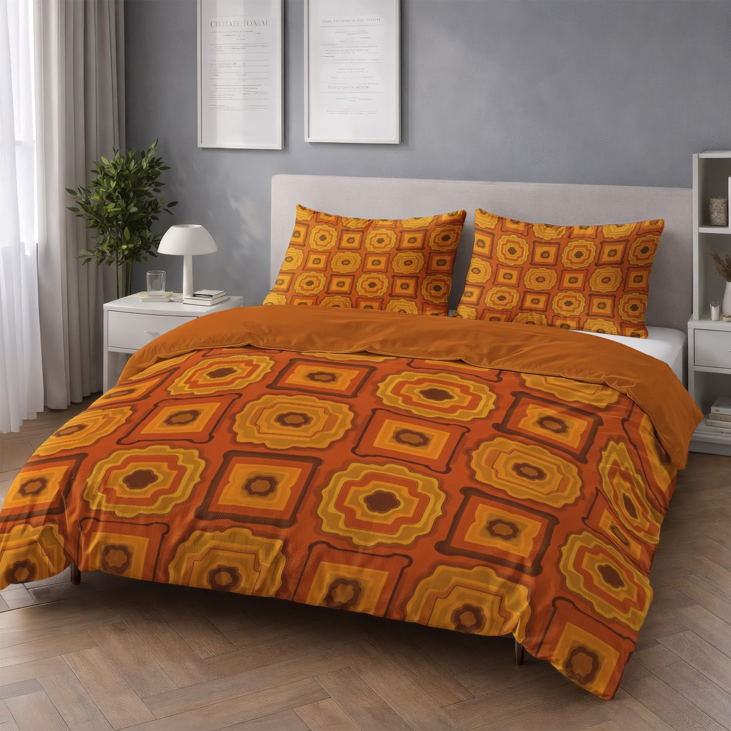 Generic Zestaw poszewek na kołdrę minimalistyczny symetryczny geometryczny King 229 cm x 221 cm, pomarańczowy nowoczesny zestaw 3-częściowy zestaw, miękka poszewka na kołdrę z mikrofibry dla dzieci