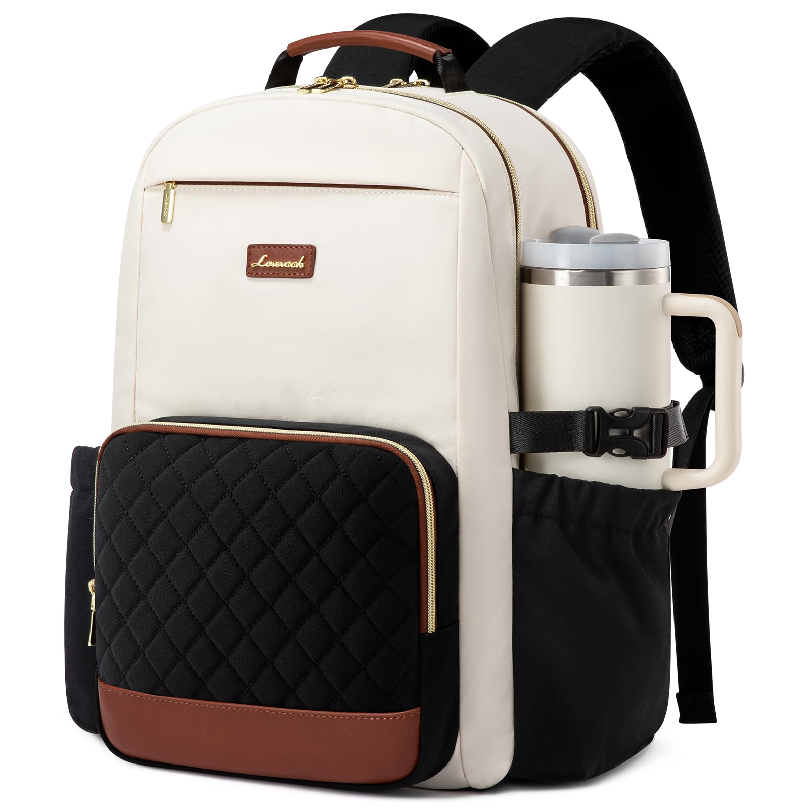 LOVEVOOK Laptop Backpack for Women with Pouch Pocket for Large Capacity Cup,18 Inch Teacher Nurse College Work Travel Backpack Purse,Waterproof Laptop Computer Bags,Beige-Black-Brown+Diamond-shaped