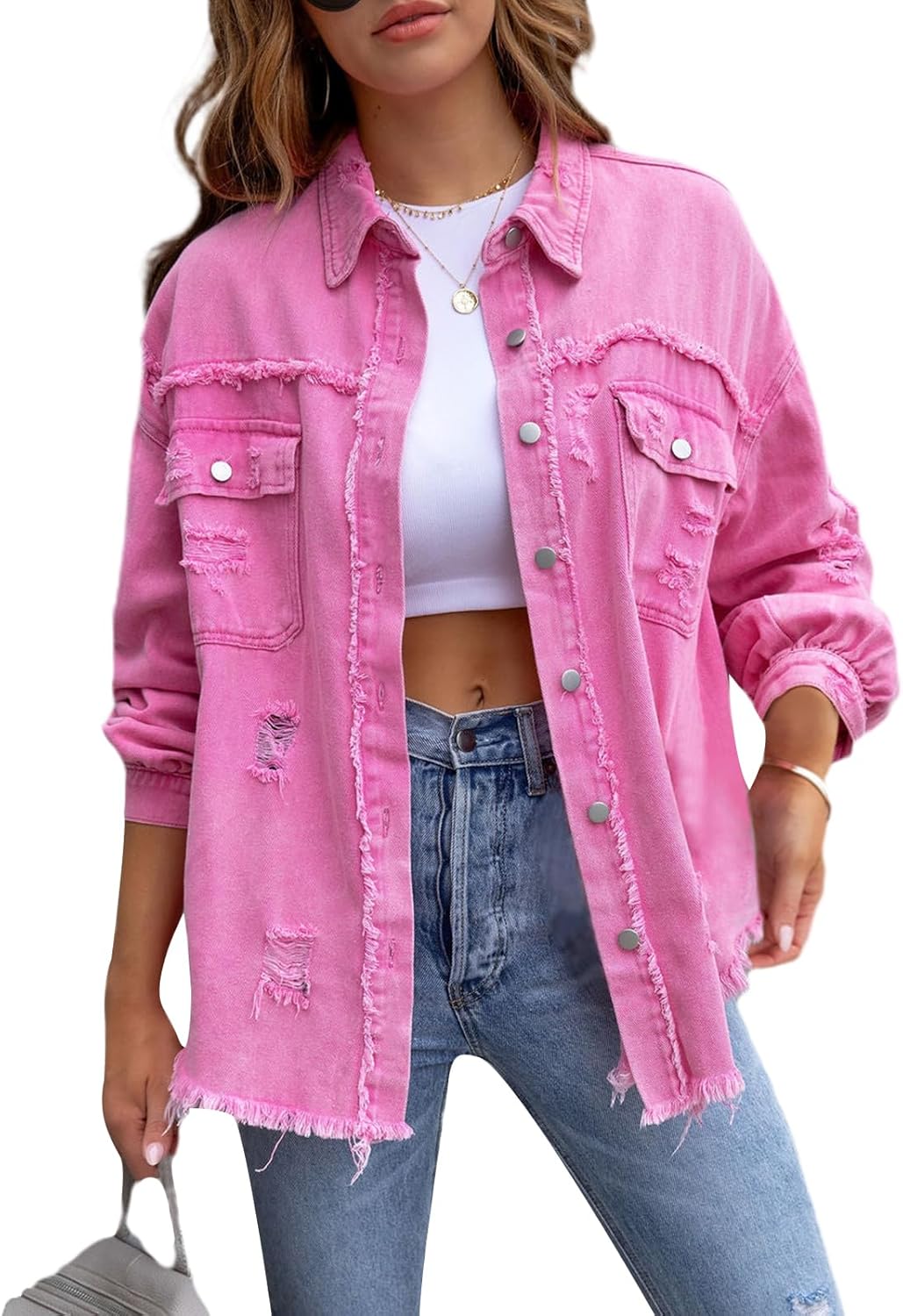Nicoxijia Women Ripped Distressed Denim Jacket Long Sleeve Frayed Hem Button Front Boyfriend Jean Coat Casual Western Shacket