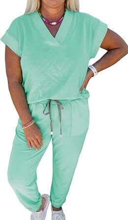 wihnsinop Bonbon Solid V-neck Tee and Drawstring Plus Size Pants Set 2026 Summer Outfits for Women 2 Piece Sets