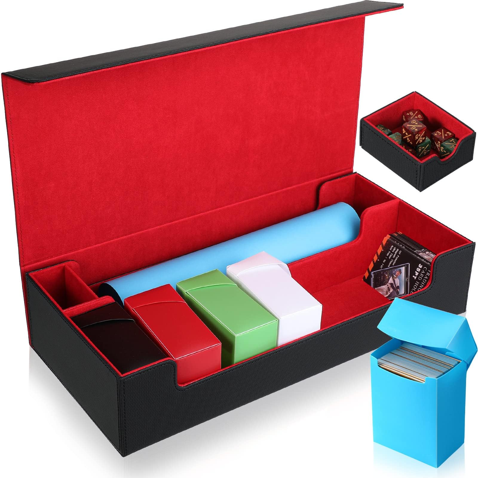 Kigeli Magnetic Card Game Deck Storage Box Fit 5 Deck Card Box with Mat Case and Removable Compartment Compatible with MTG TCG Commander(Black and Red)