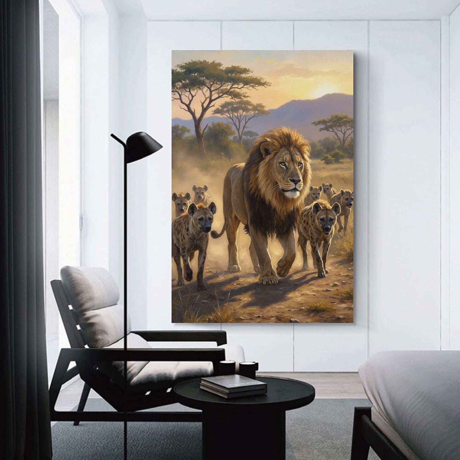 Junmoney Hanging Wall Art Lion And Hyenas in African Savannah, 20x30inch(50x75cm), for Wall Displays, Bedrooms Or Room Updates, Decorative Artwork with Flexible Styling