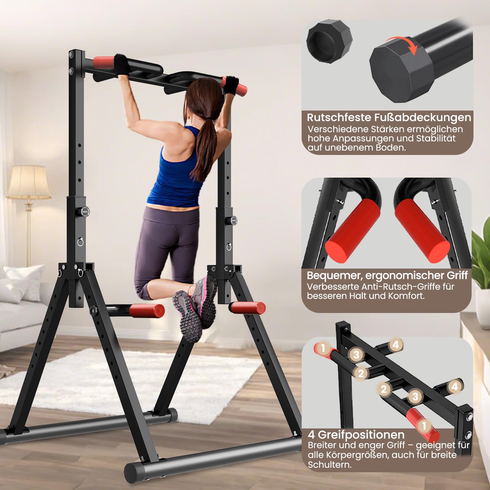 WATBKHE Klimmzugstange Freistehend Power Tower Dip Station Faltbar, Pull Up Bar Verstellbar, Multifunktions Home Gym Trainingsgerät, Krafttraining Fitnessgeräte