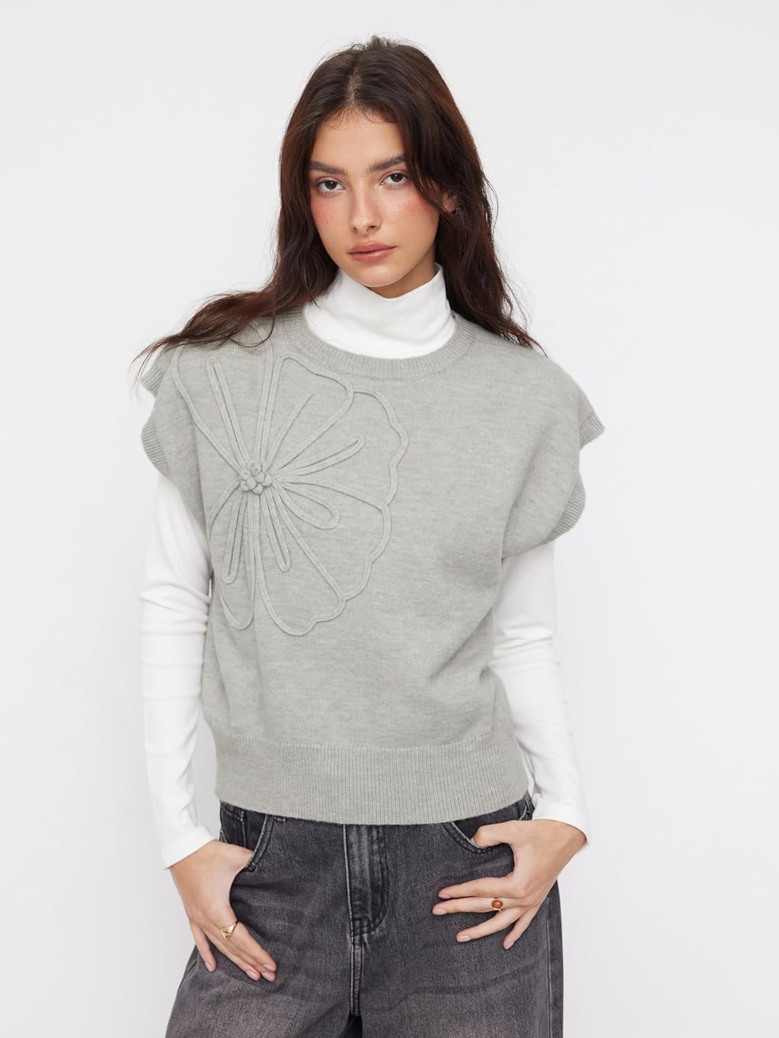 CIDER Floral Sweater Vest Crew Neck Loose Fit Sweater Casual Sleeveless Knit Top - Image 5