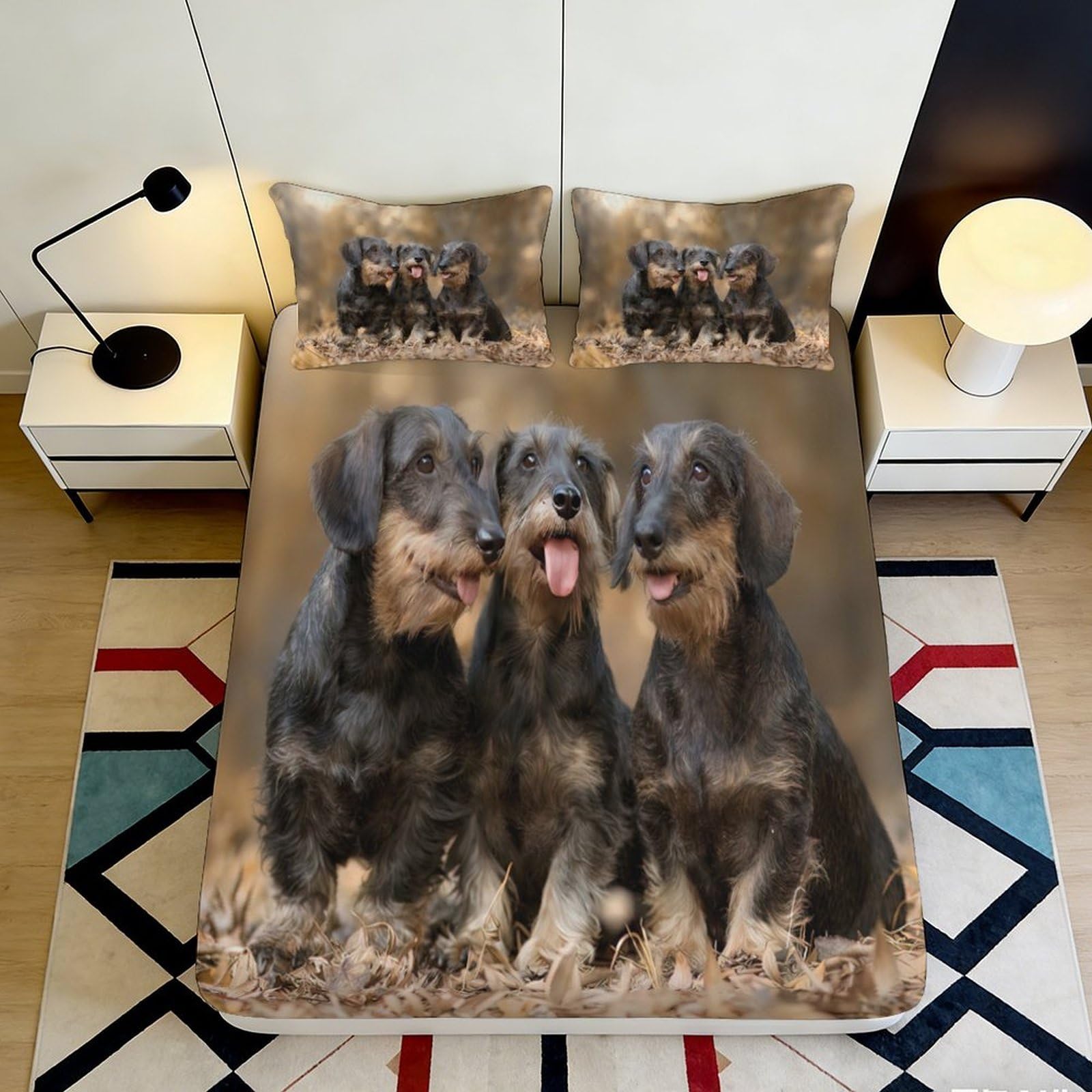 3D Printed Wirehaired Dachshund Fitted Sheet Microfiber Soft Breathable Dog Trio Bed Cover for Bedroom Guestroom Decor 90x200x25cm