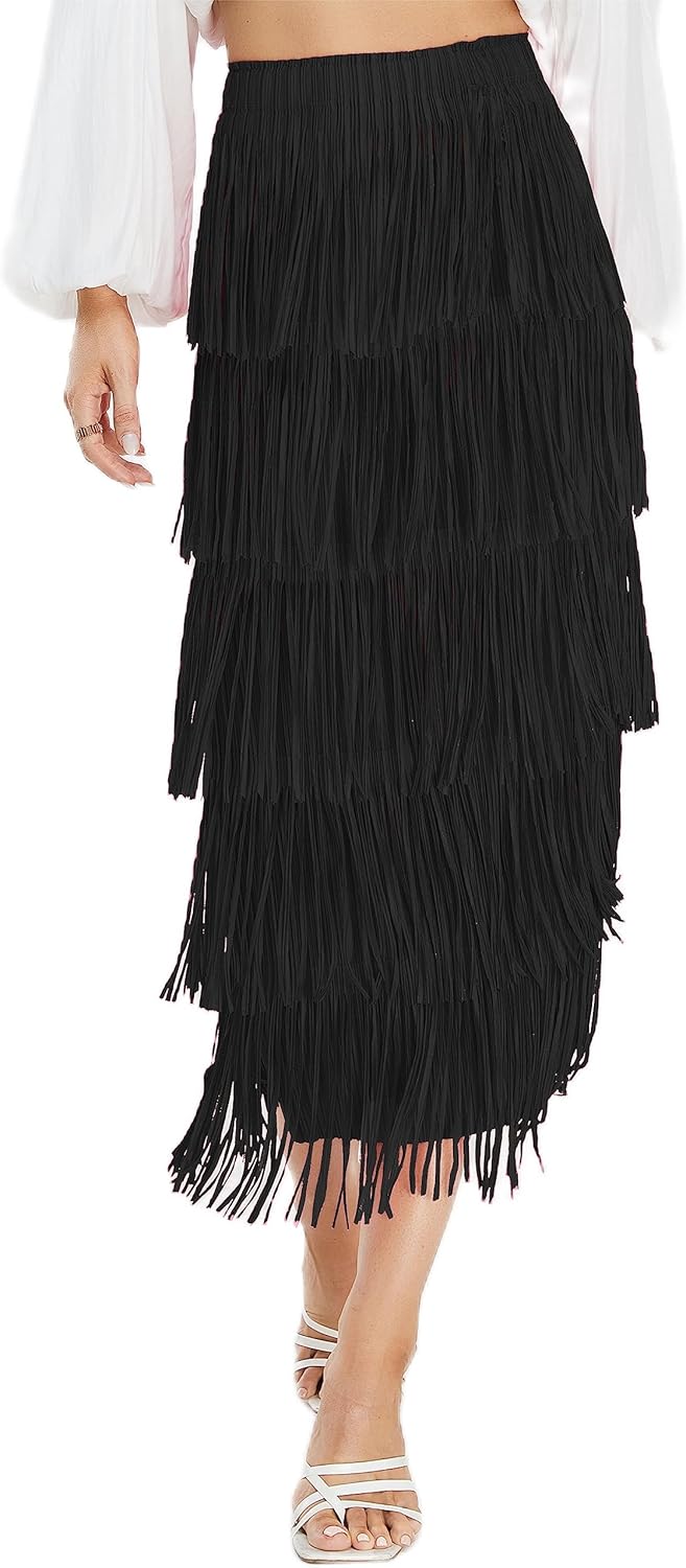 Kisidoo Women's Fringe Trim High Waist Short Pencil Bodycon Skirts, Sexy Elegant Fringe Long Maxi Skirt Summer Party Work