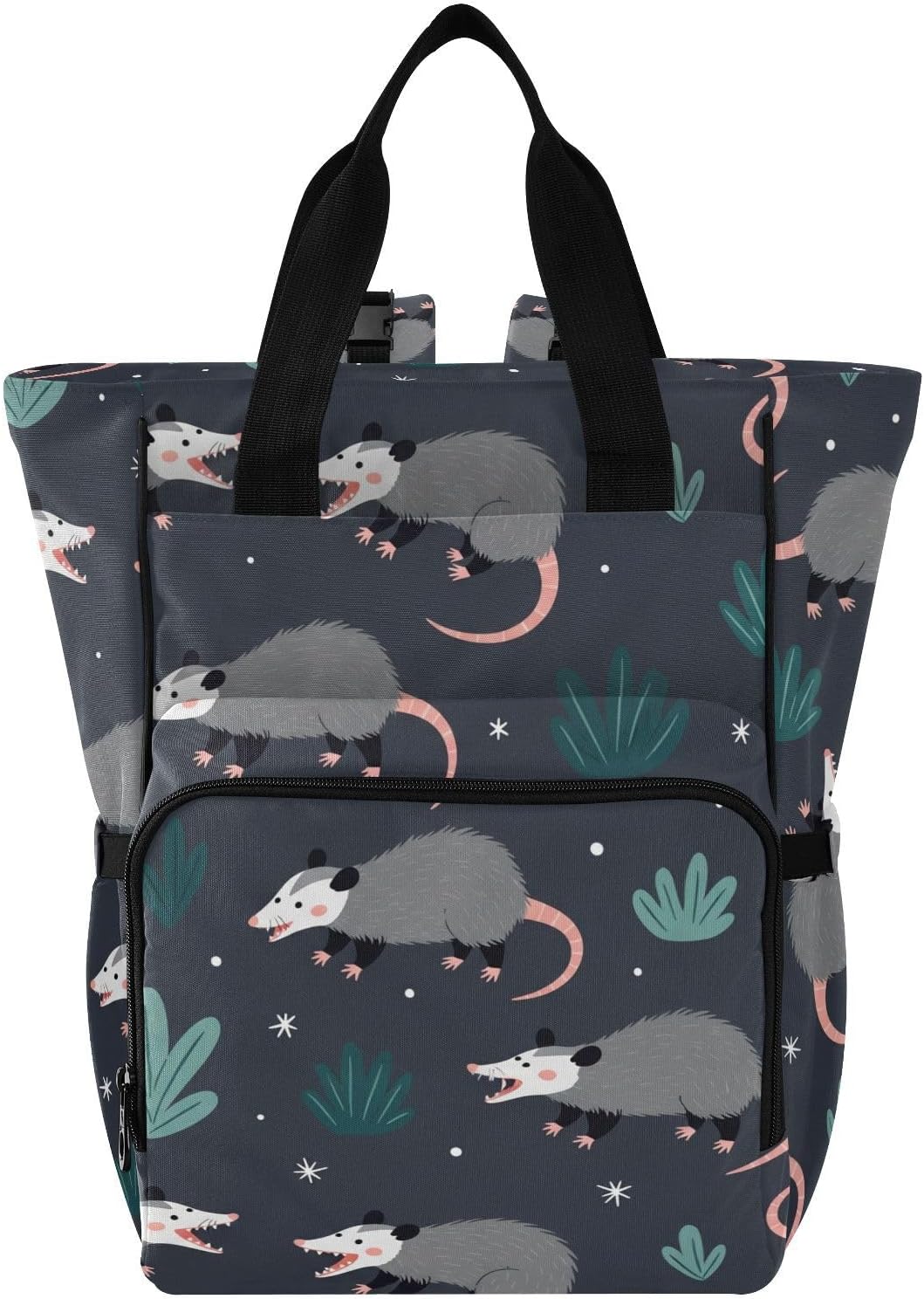 Possums Leaves Black Pattern Diaper Bag Backpack for Baby Boys Girls Multifunction Baby Essentials Travel Tote with Stroller Straps & Bottle Storage Maternity Travel Bag for Baby Shower Gifts