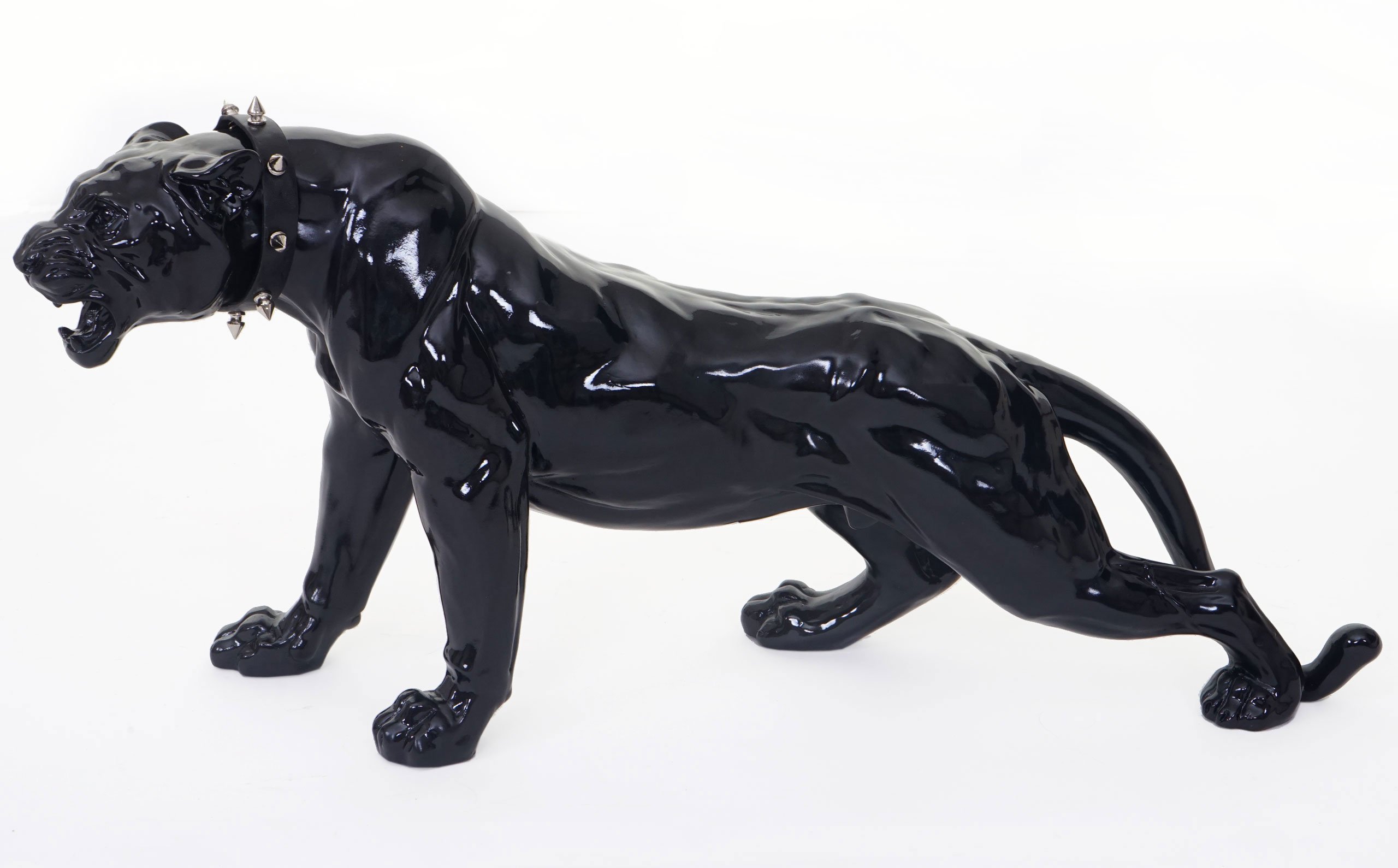 Figura decorativa Leopard 59 cm, polirresina Escultura Panther, en de/Outdoor ~ Plata, piedra, Schwarz Hochglanz mit Halsband