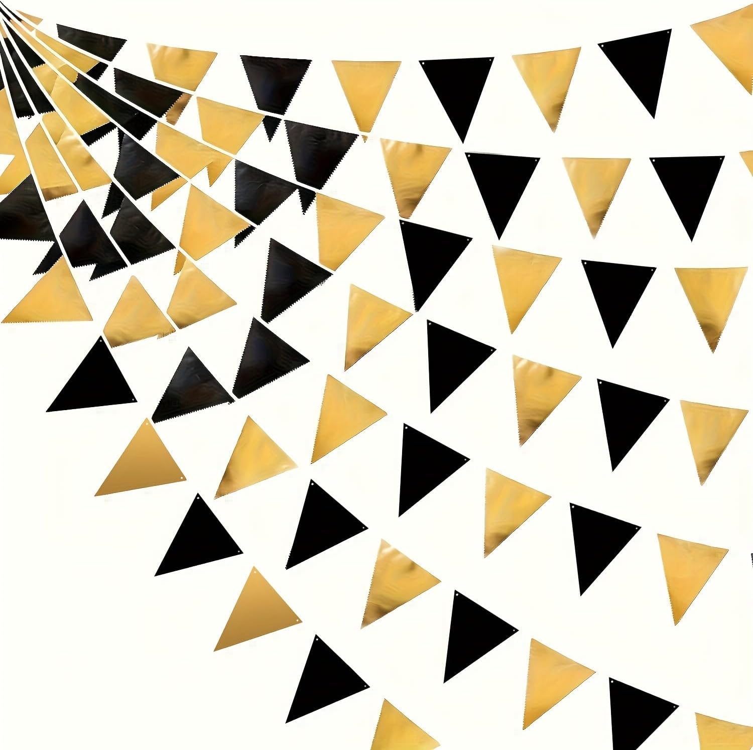 1SET Black and Gold Triangular Flag Banner, Metallic Fabric Garland for Birthday Graduation Anniversary Wedding New Year's Eve, Black Gold